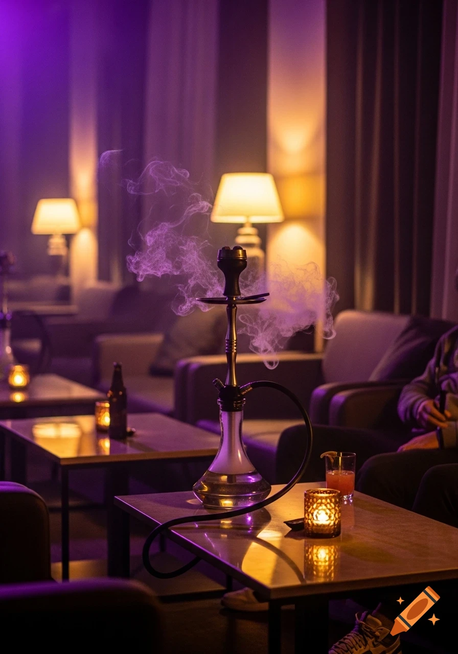 A modern hookah on a table with purple smoke in a luxurious shisha lounge at night. Warm lighting, drinks, and a person relaxing.