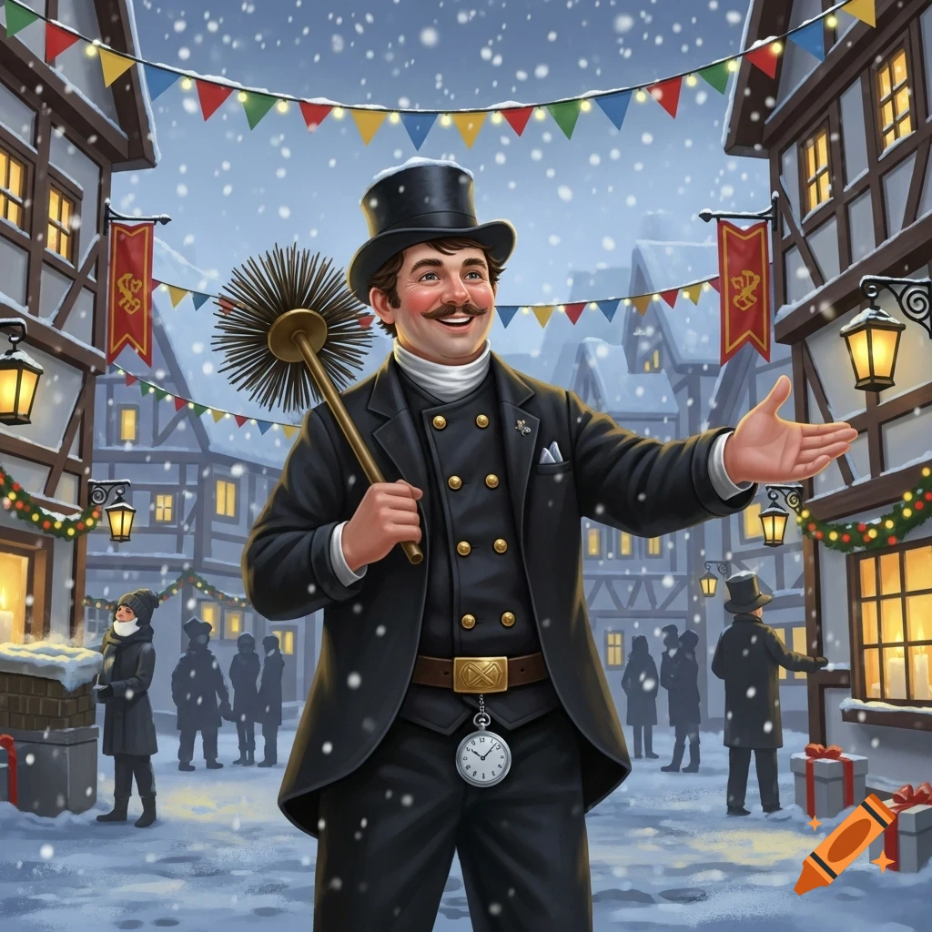 A smiling chimney sweep in a snowy, festive town street, holding his brush and gesturing cheerfully among half-timbered houses and falling snow.