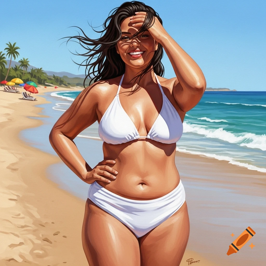 A smiling woman in a white bikini on a sunny beach with palm trees and ocean in the background, in an art style.