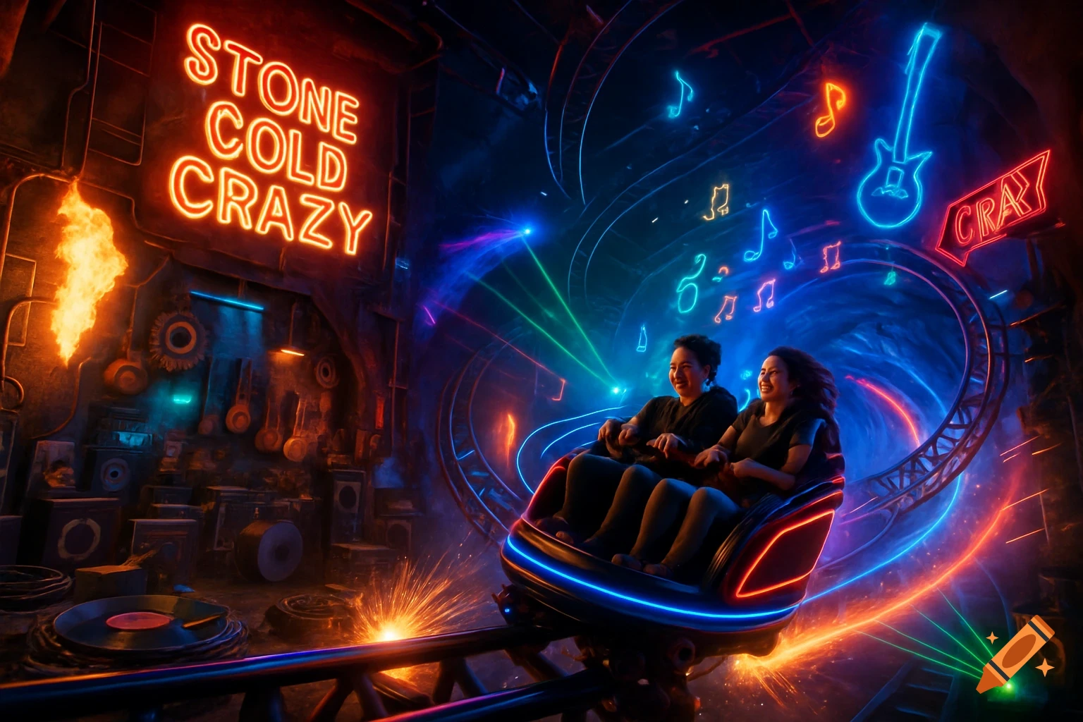 Two people smiling on a neon-lit roller coaster with 'STONE COLD CRAZY' sign and musical notes in a dark, rock-themed setting.