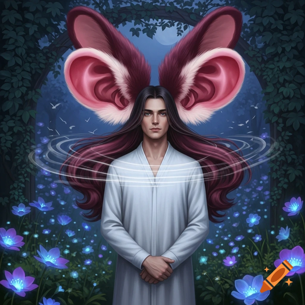 A man with long dark hair and a white robe stands in a magical forest ...