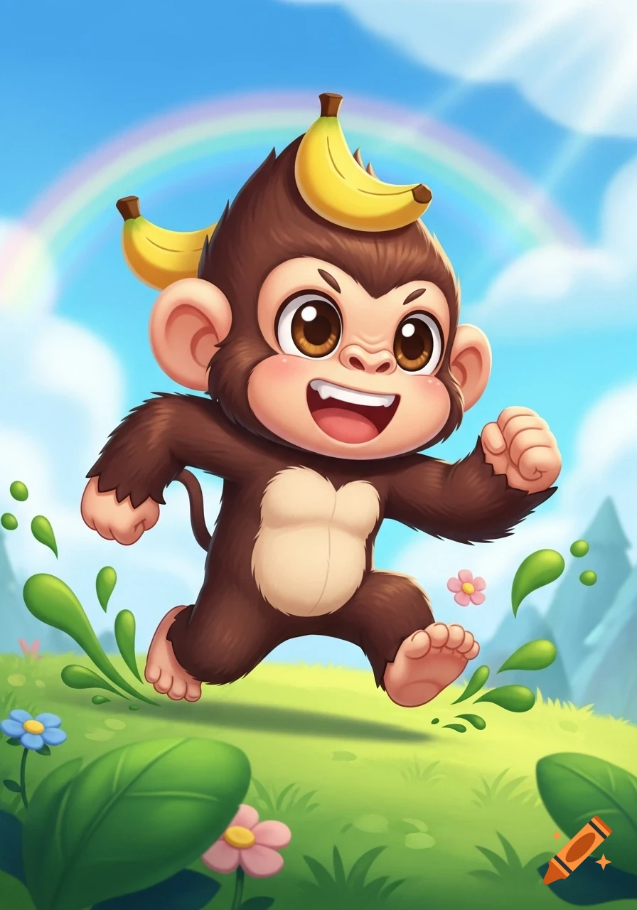 A cute, cartoon chibi monkey with bananas on its head runs joyfully through a vibrant green landscape with a rainbow in the sky.