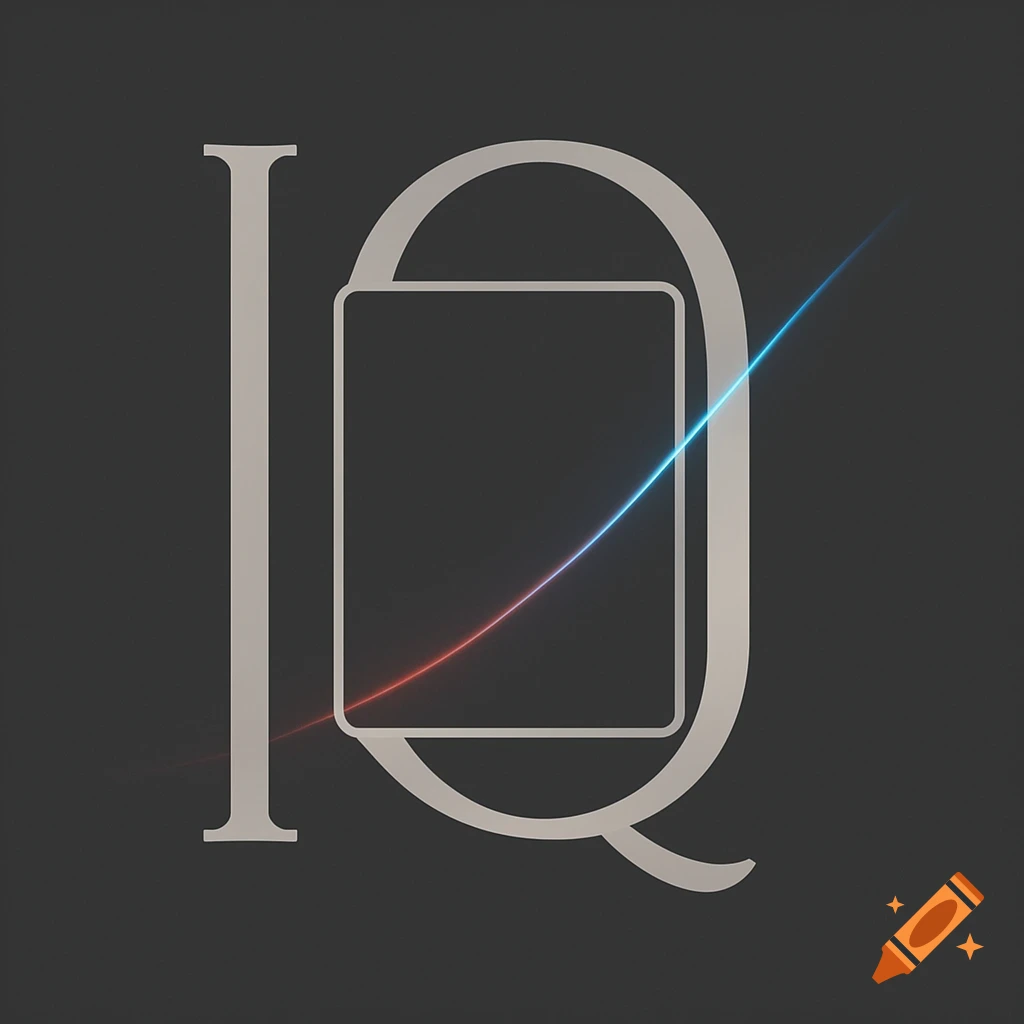 Stylized beige 'IQ' letters on a dark background with a square outline ...