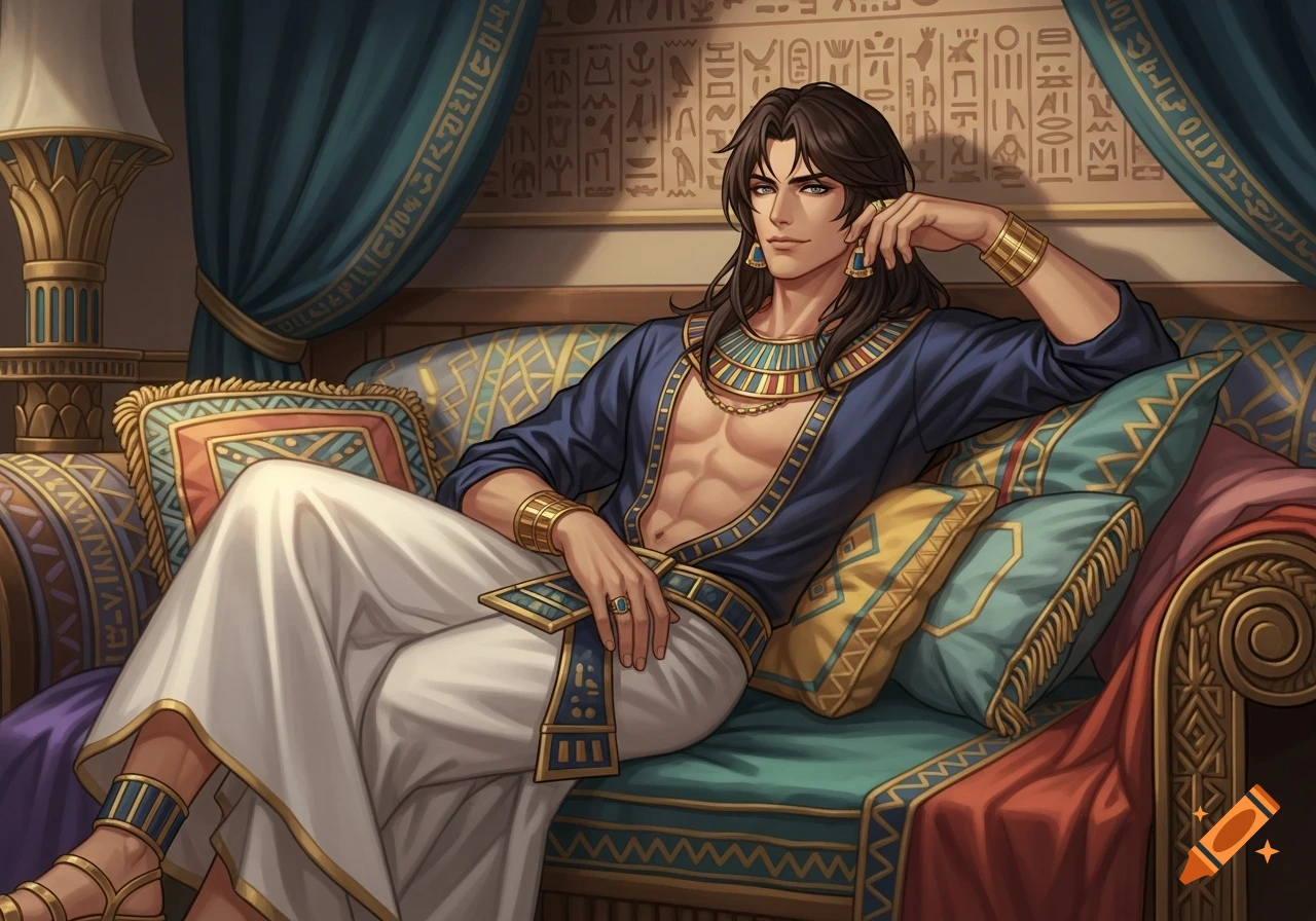 A handsome man with dark hair in ancient Egyptian attire and gold jewelry lounges on a luxurious couch with patterned pillows.