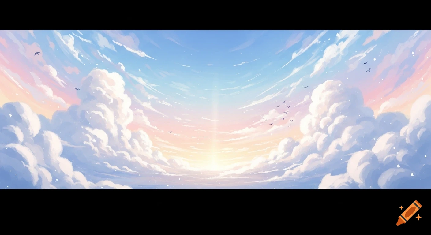 A beautiful anime watercolor style sky filled with puffy white clouds, birds flying, and a bright sun peaking through.