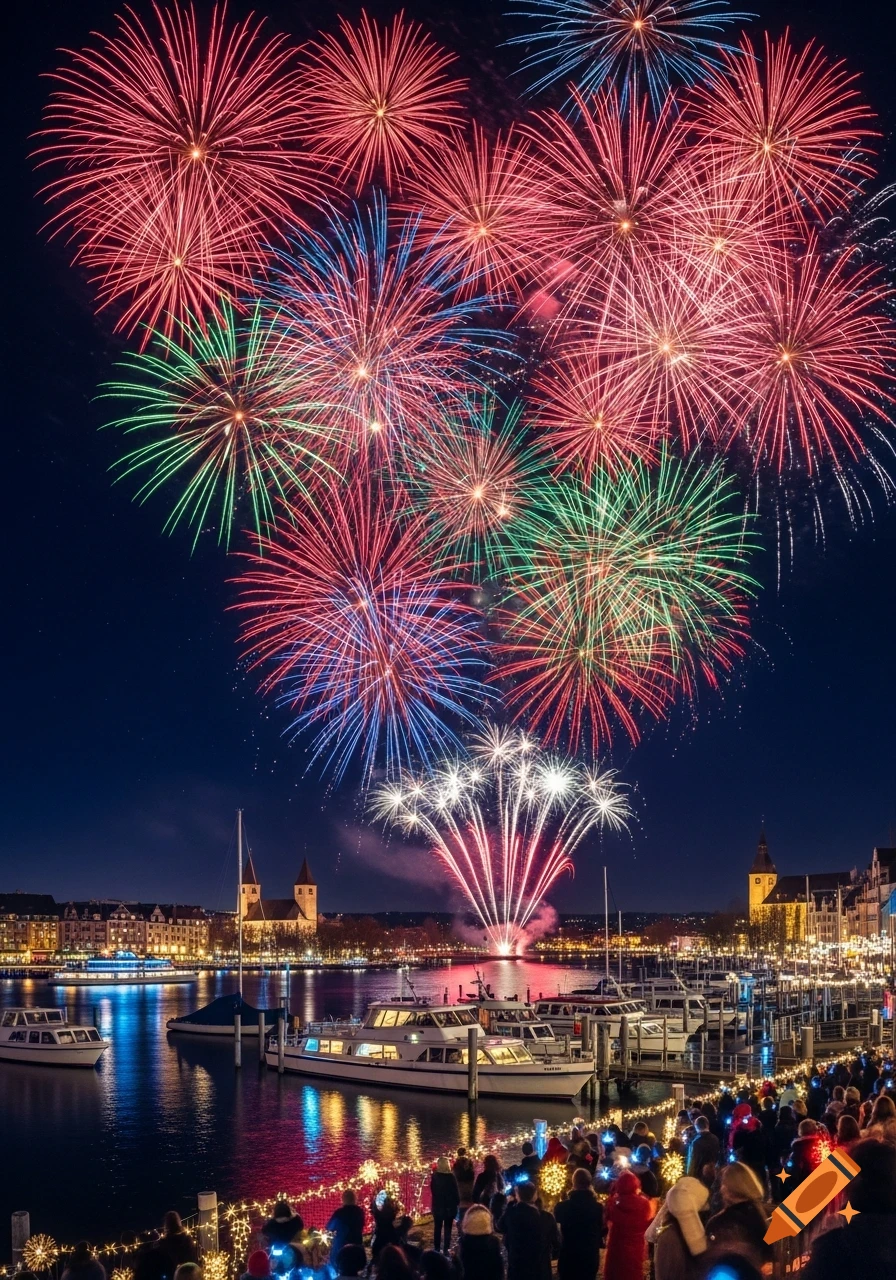 Vibrant red, green, and blue fireworks explode over a city harbor at night, with boats docked and a crowd watching.
