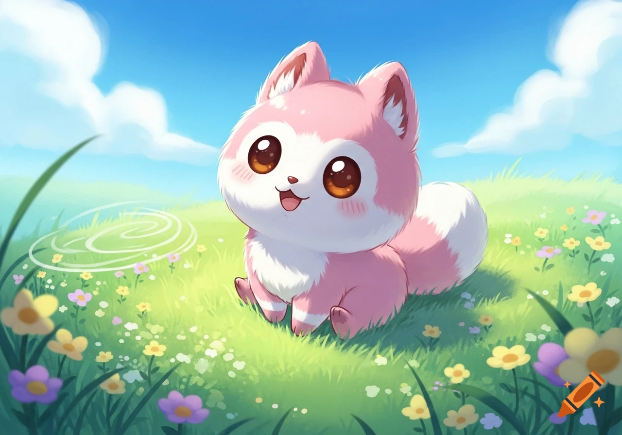 A very cute pink and white cartoon animal with large dark eyes and a happy expression sits in a vibrant green field filled with small colorful flowers under a bright blue sky with white clouds.