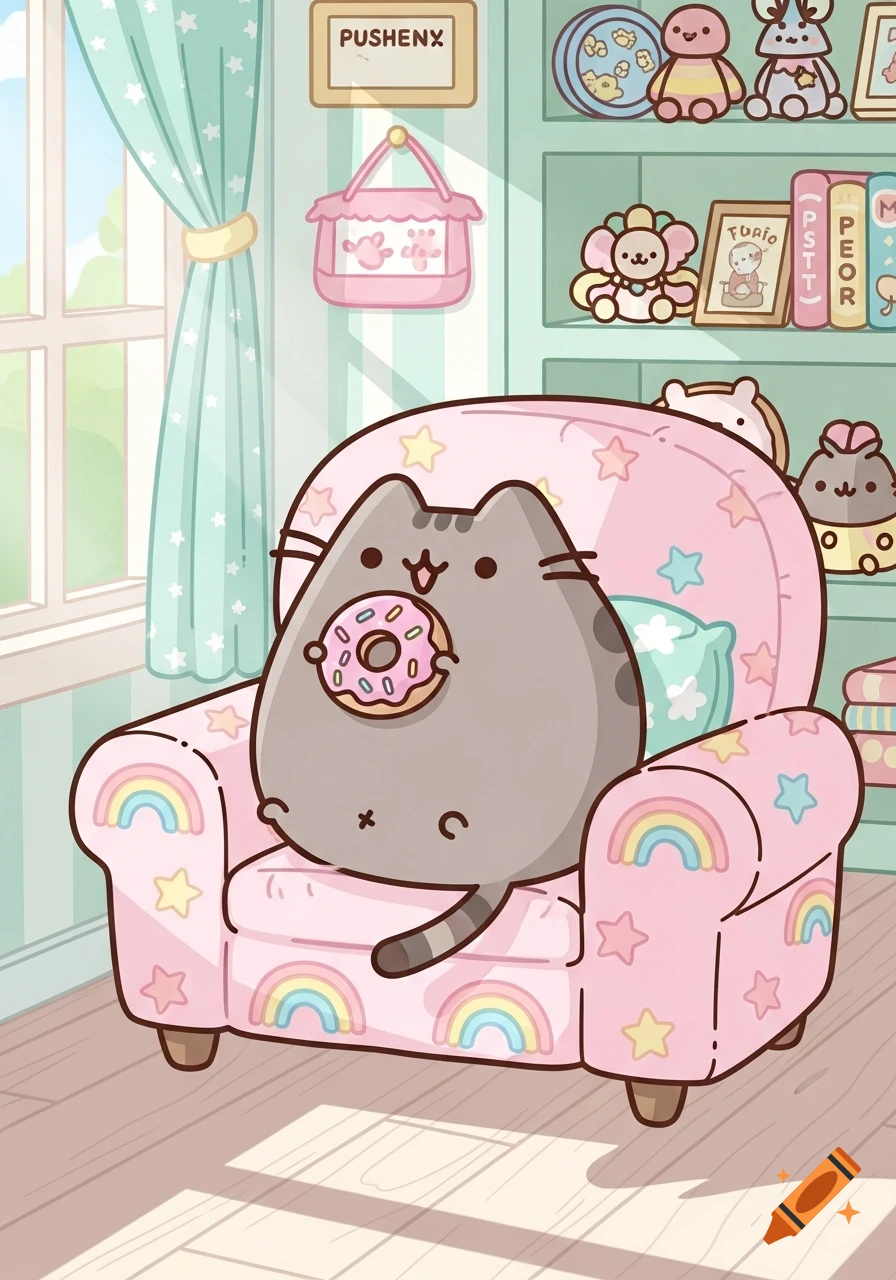 Pusheen the cat sits on a pink armchair adorned with rainbows and stars, eating a donut in a bright, cozy room with a bookshelf.
