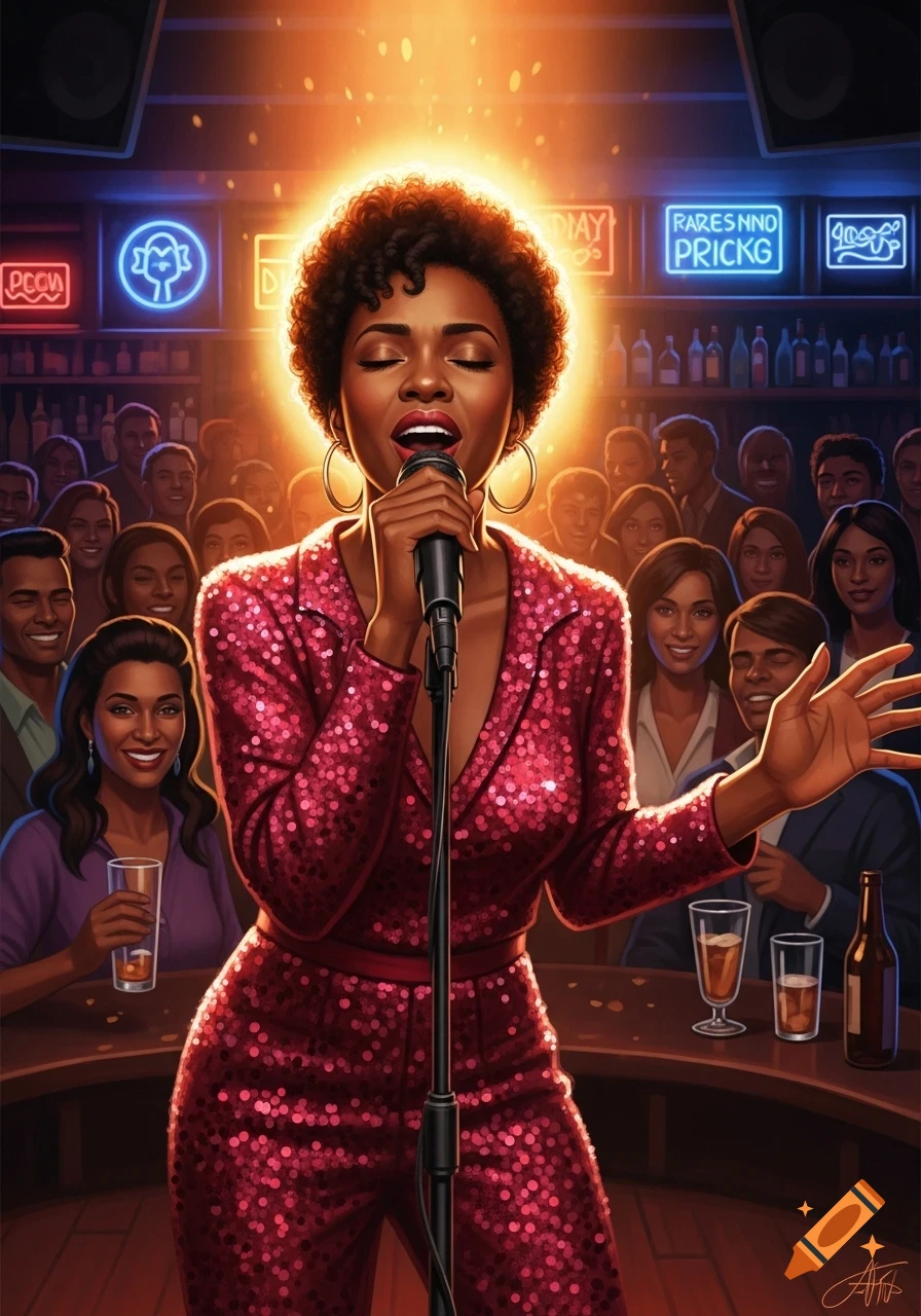 An African American woman in a sparkly red jumpsuit sings into a microphone on stage in a bar, bathed in bright orange light, with a diverse crowd watching.