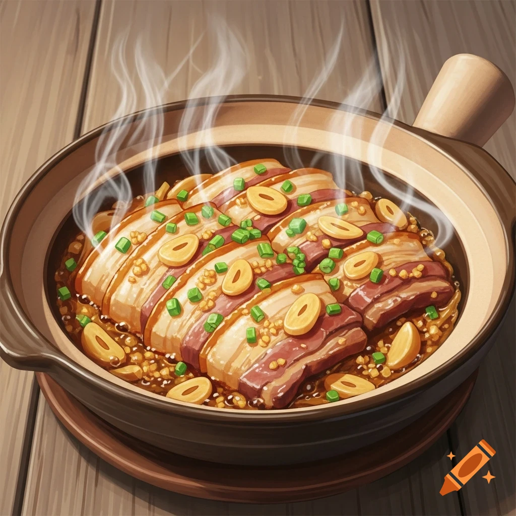 Steaming clay pot with sliced pork belly, garnished with green onions and peanuts, on a wooden table in an illustrative style.