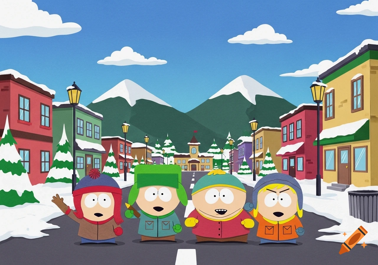 Stan, Kyle, Cartman, and Kenny stand on a snowy street in South Park, with colorful buildings and mountains.