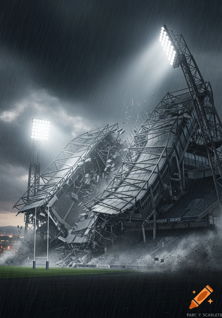 A stadium with its stands collapsing in a heavy rainstorm, illuminated by bright floodlights, with a rugby goalpost standing on the field.