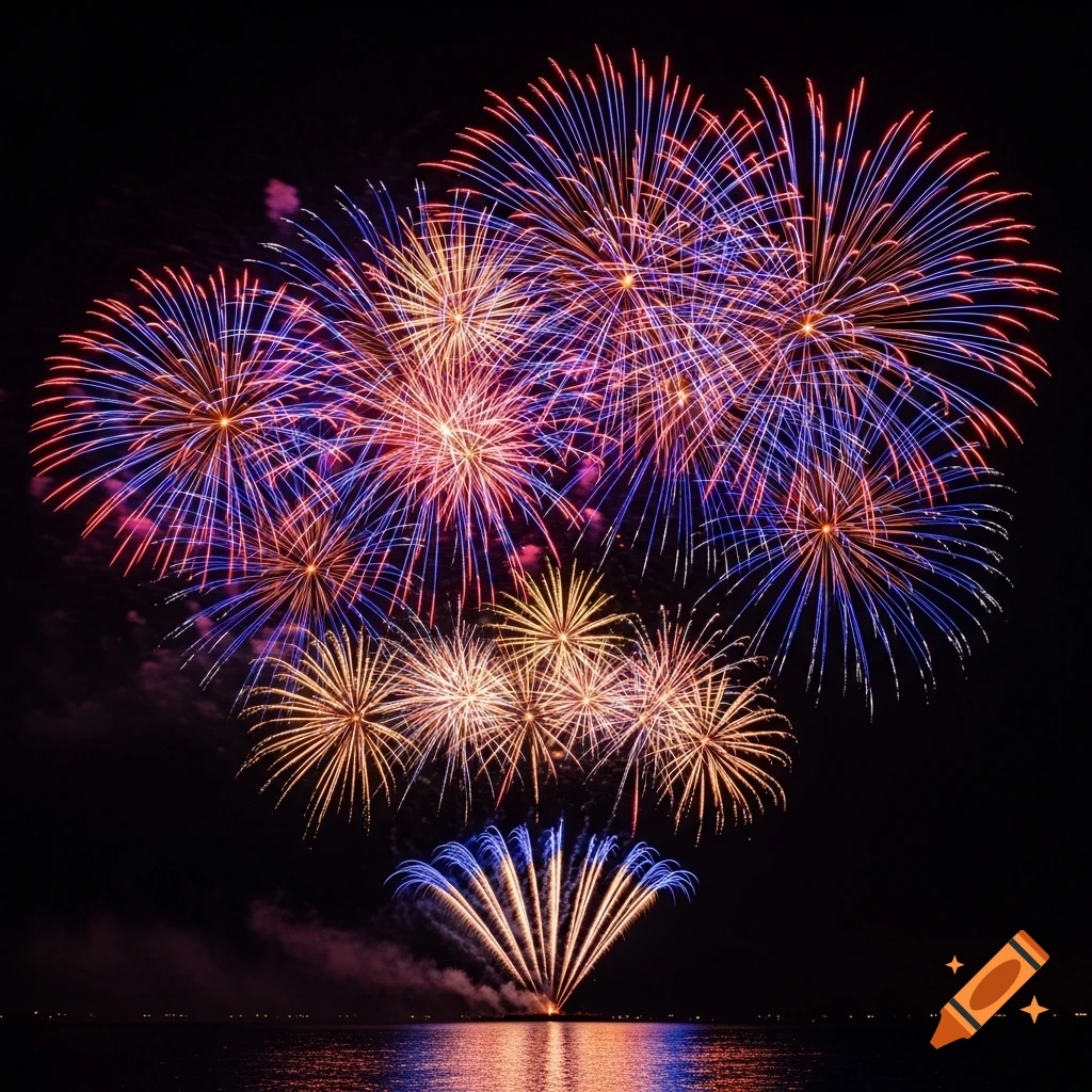 Colorful fireworks burst in a dark night sky, reflecting vibrant hues on the water below.
