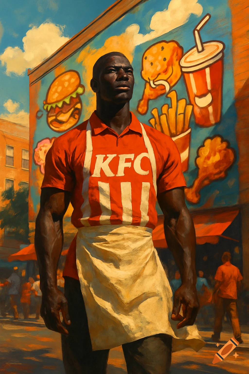 A muscular Black man in a red KFC uniform and white apron stands before a vibrant fast-food mural, in a painterly style.