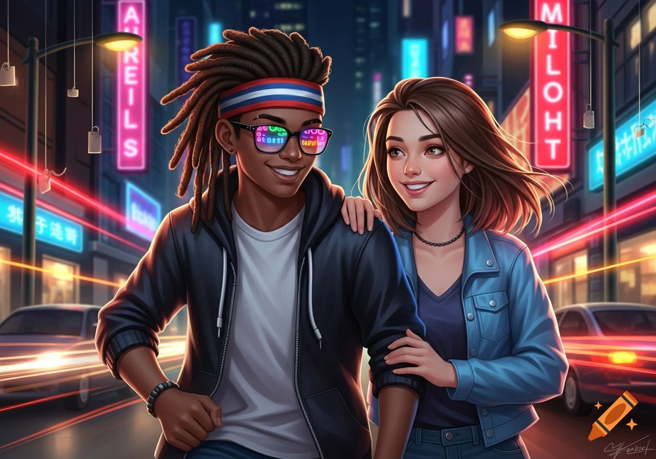 A smiling mixed-race teenage couple walks hand-in-hand on a neon-lit city street at night, with a cyberpunk aesthetic.