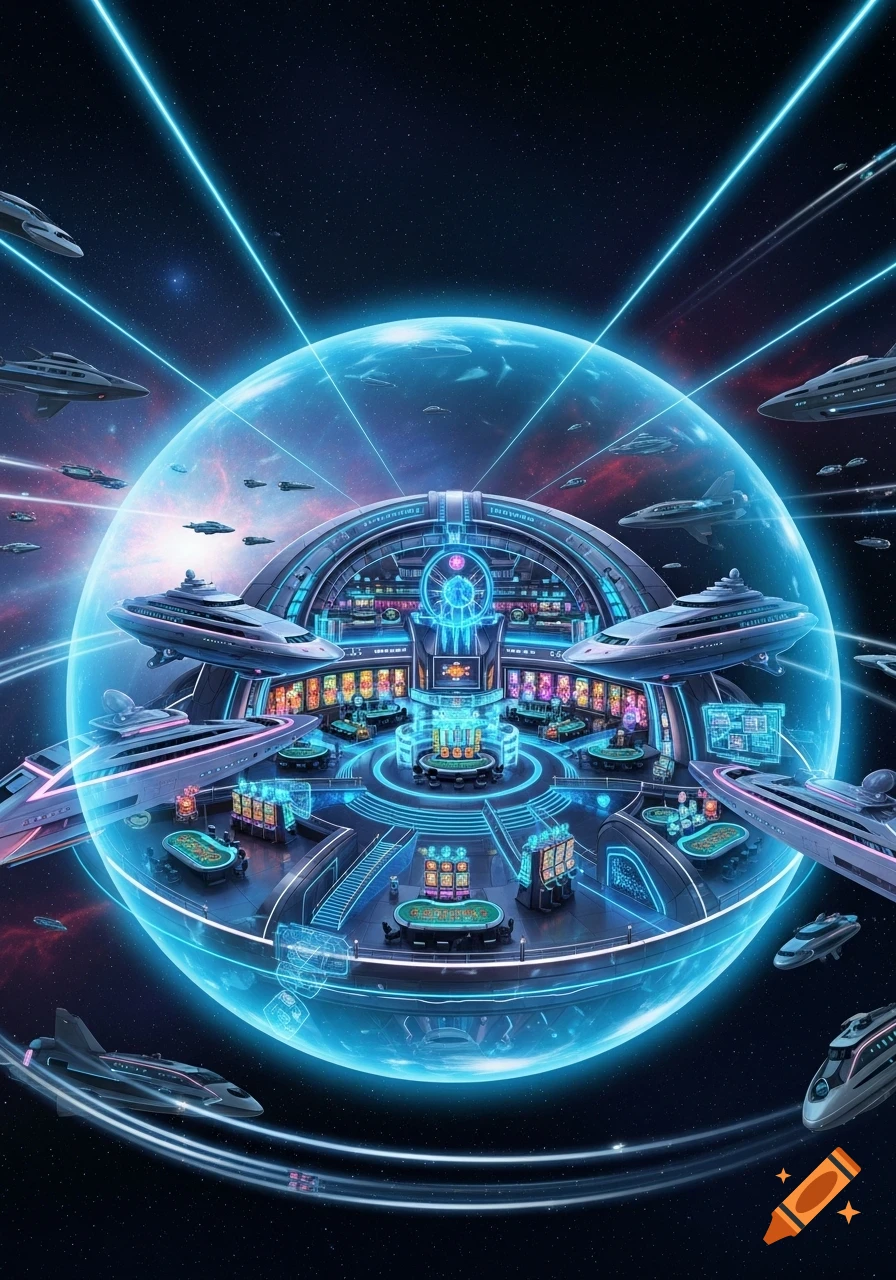 A vibrant sci-fi casino within a glowing blue sphere in deep space, surrounded by spaceships and neon light beams.