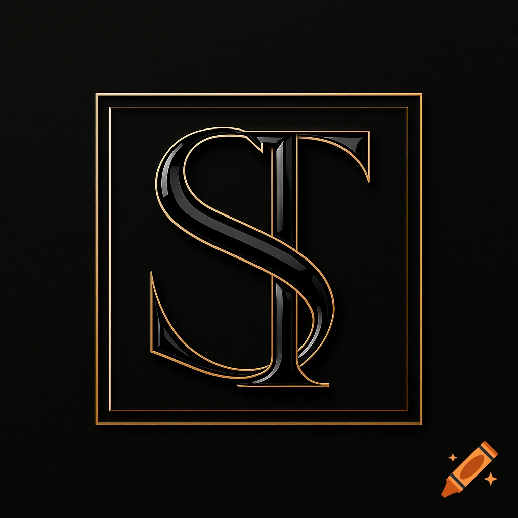 A sleek black and gold monogram logo featuring intertwined capital letters 'S' and 'T' within a double-lined square border on a black background.