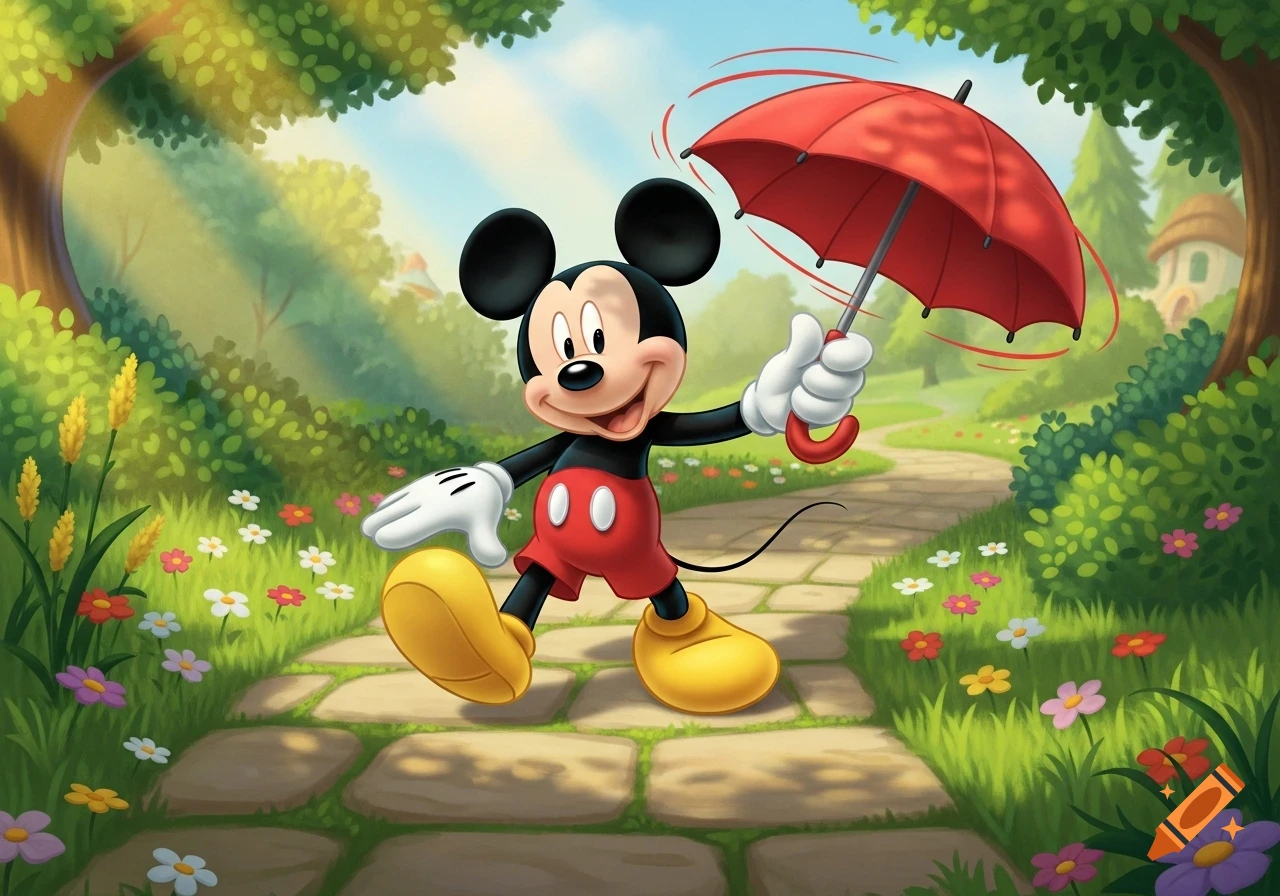 Mickey Mouse walks on a stone path in a sunny green park filled with colorful flowers, holding a closed red umbrella.