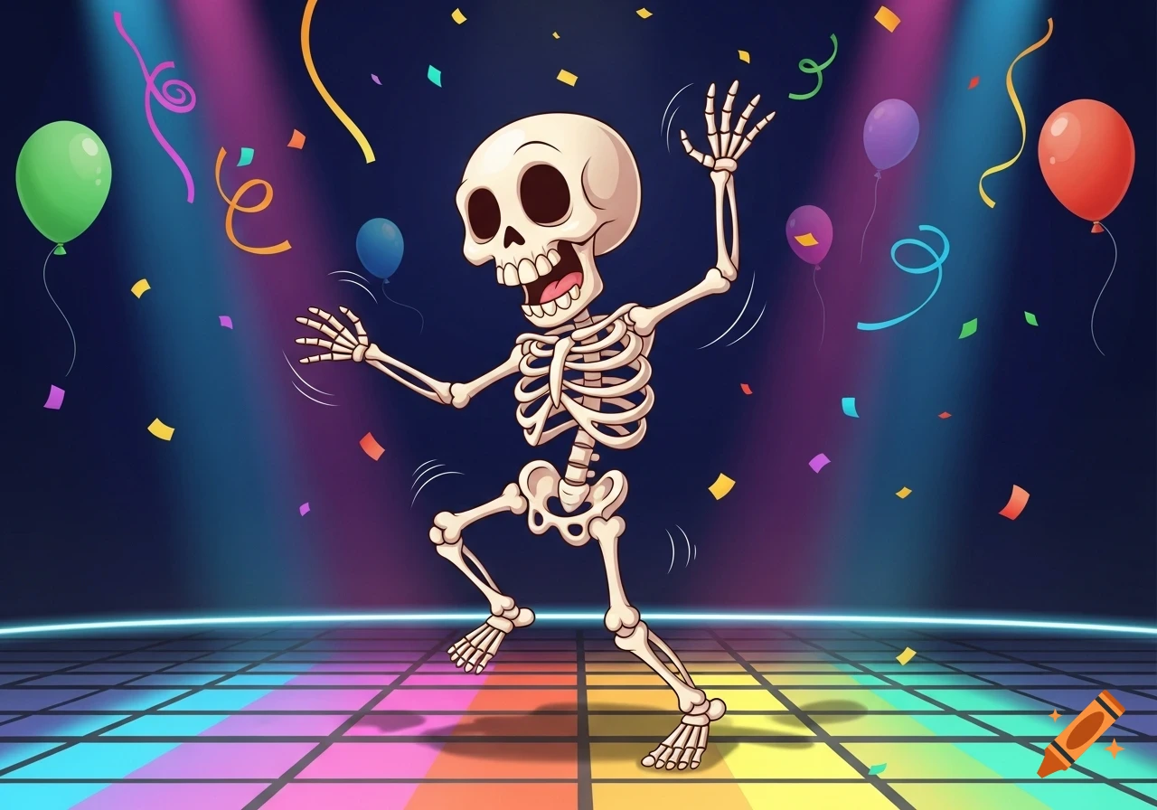 A cartoon skeleton dances happily on a colorful disco floor with balloons, confetti, and spotlights.