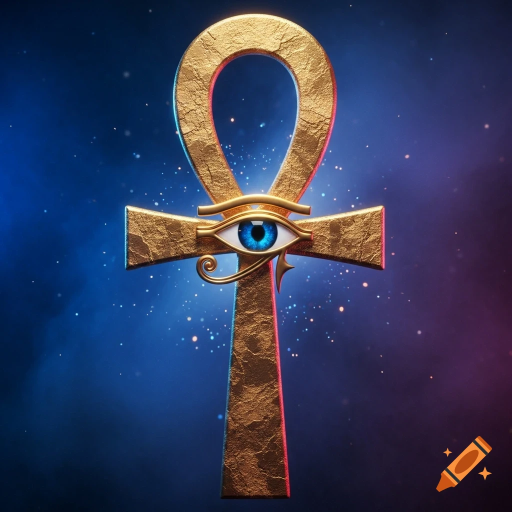 A golden ankh symbol with a detailed blue Eye of Horus in the center, against a dark, starry blue and purple background.