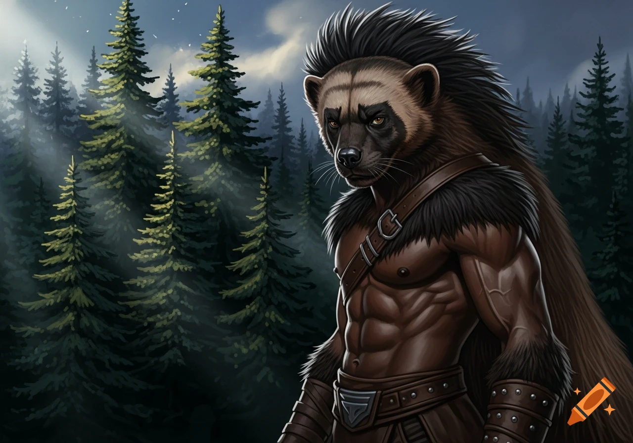 A muscular anthropomorphic wolverine with a dark mohawk stands in a forest of tall pine trees under a cloudy sky.