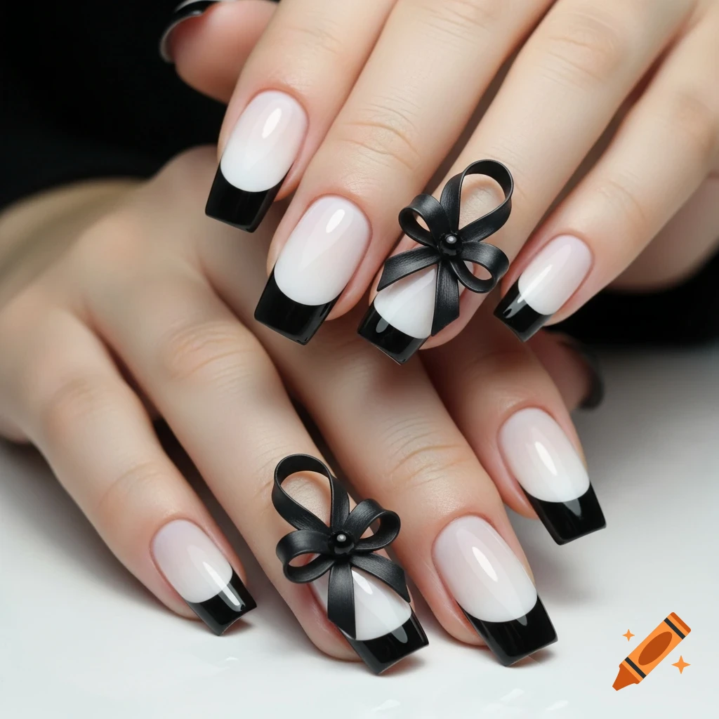 Elegant black and white French manicure nails with black ribbon bows on a woman's hands.