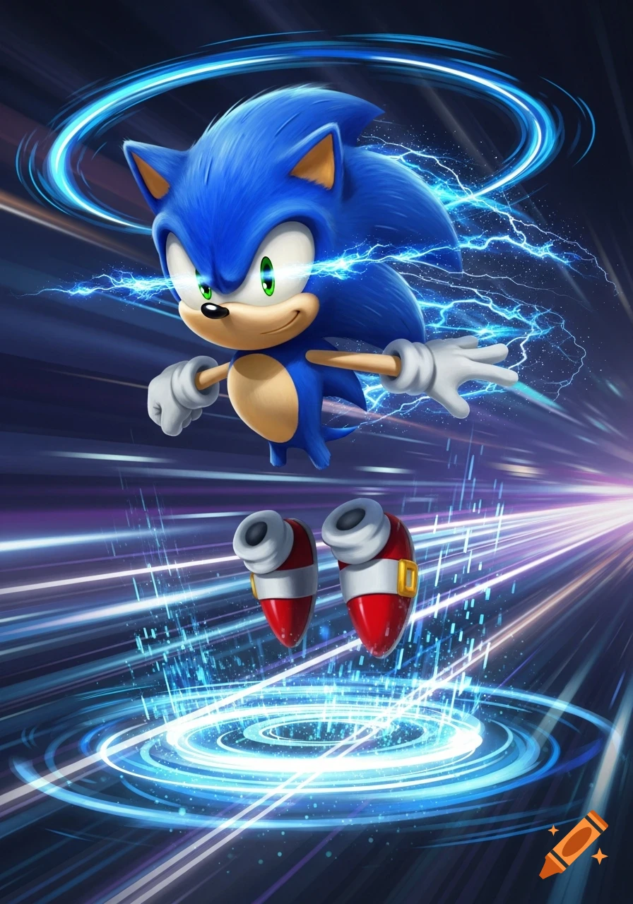 Sonic the Hedgehog, without legs, floats in mid-air surrounded by blue lightning and speed trails against a dark, streaking background.