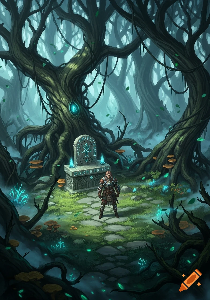 An armored warrior stands before a runic altar with glowing elements in a mystical, dark fantasy forest of gnarled trees.