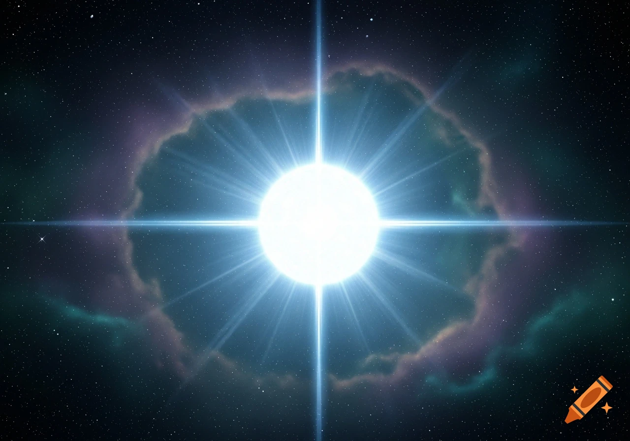 A brilliant white star with blue light rays and a cross-shaped flare, surrounded by a soft nebula and many small stars in deep space.