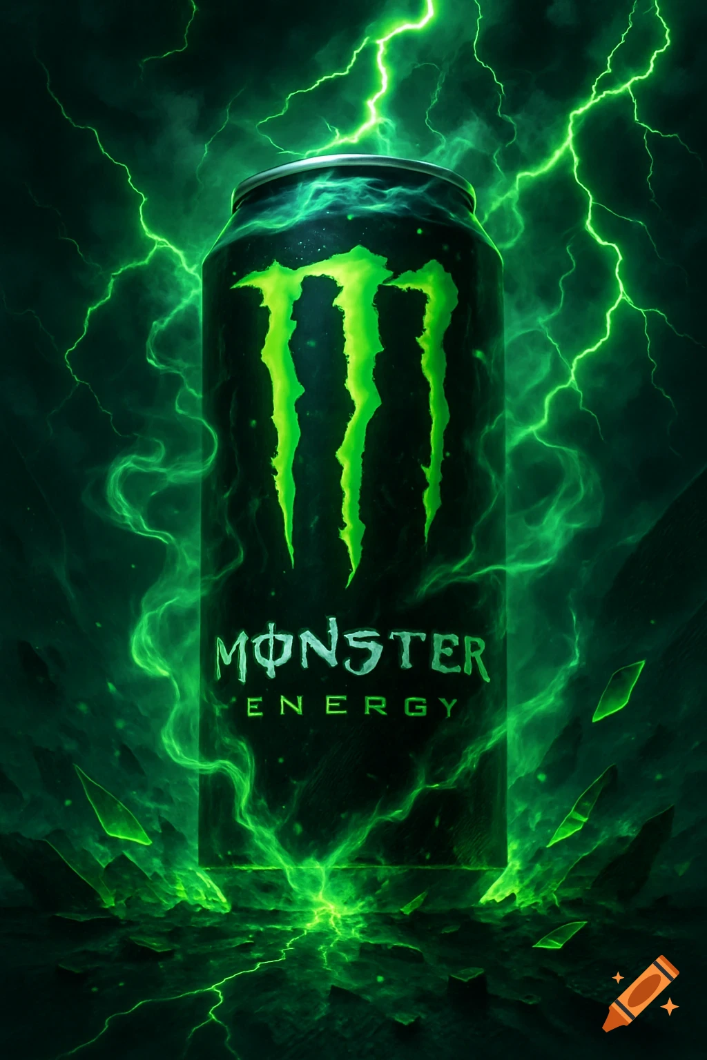 A Monster Energy drink can with its neon green claw logo, surrounded by bright green lightning and glowing shards of broken ground.