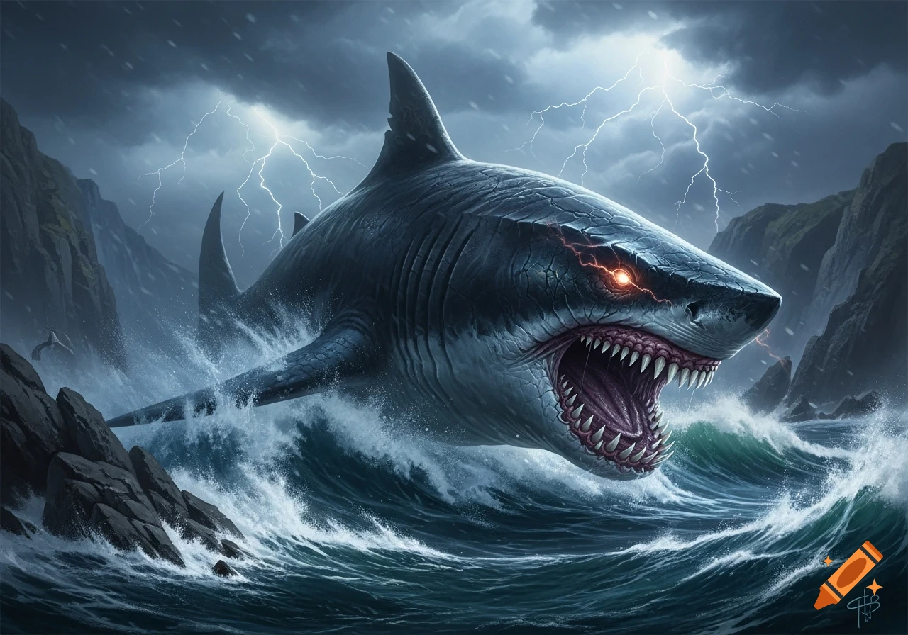 A monstrous shark with glowing red eyes leaps from stormy ocean waves under a dark, lightning-filled sky, with rocky cliffs in the background.