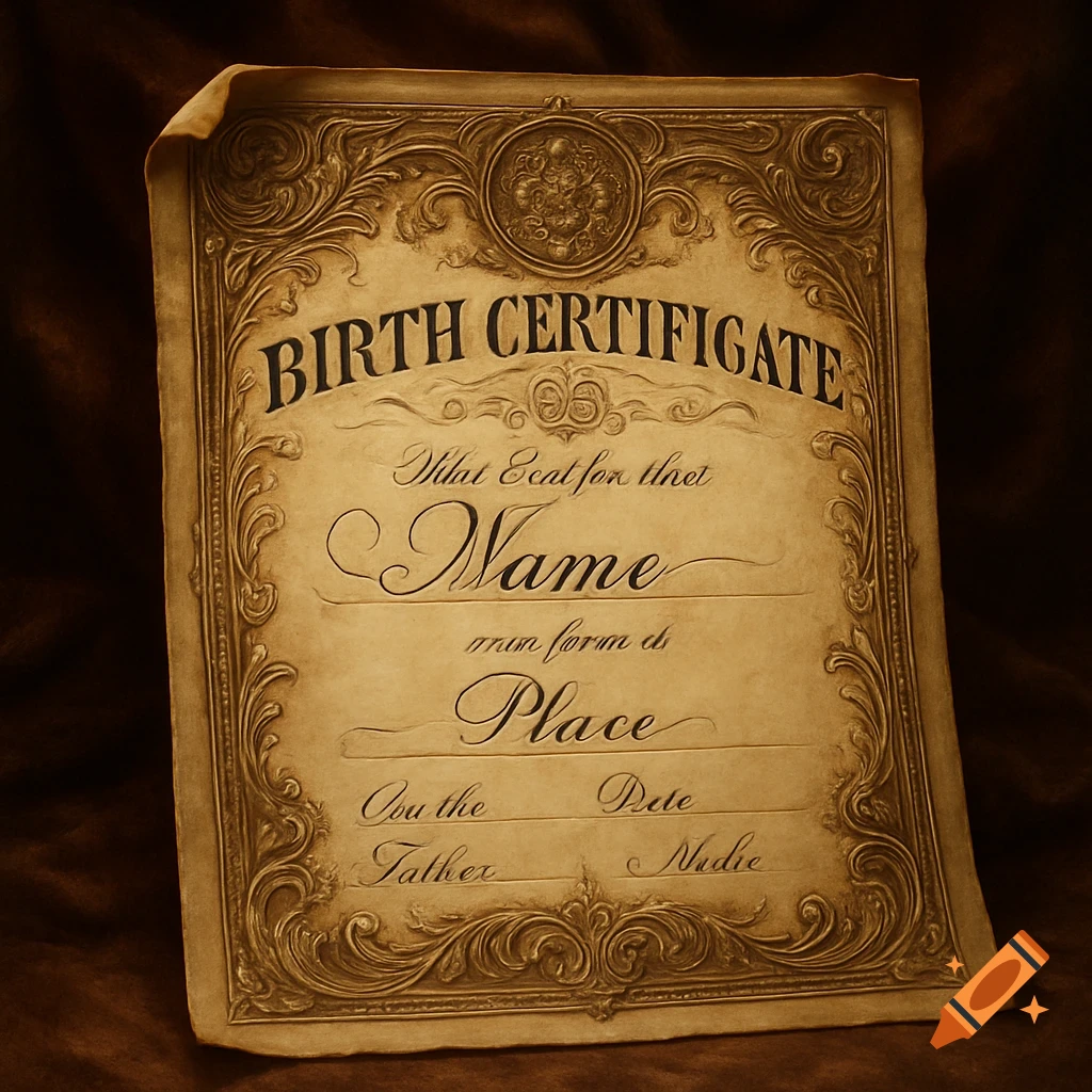 A vintage-style birth certificate with ornate gold borders and placeholder text on an aged parchment background.