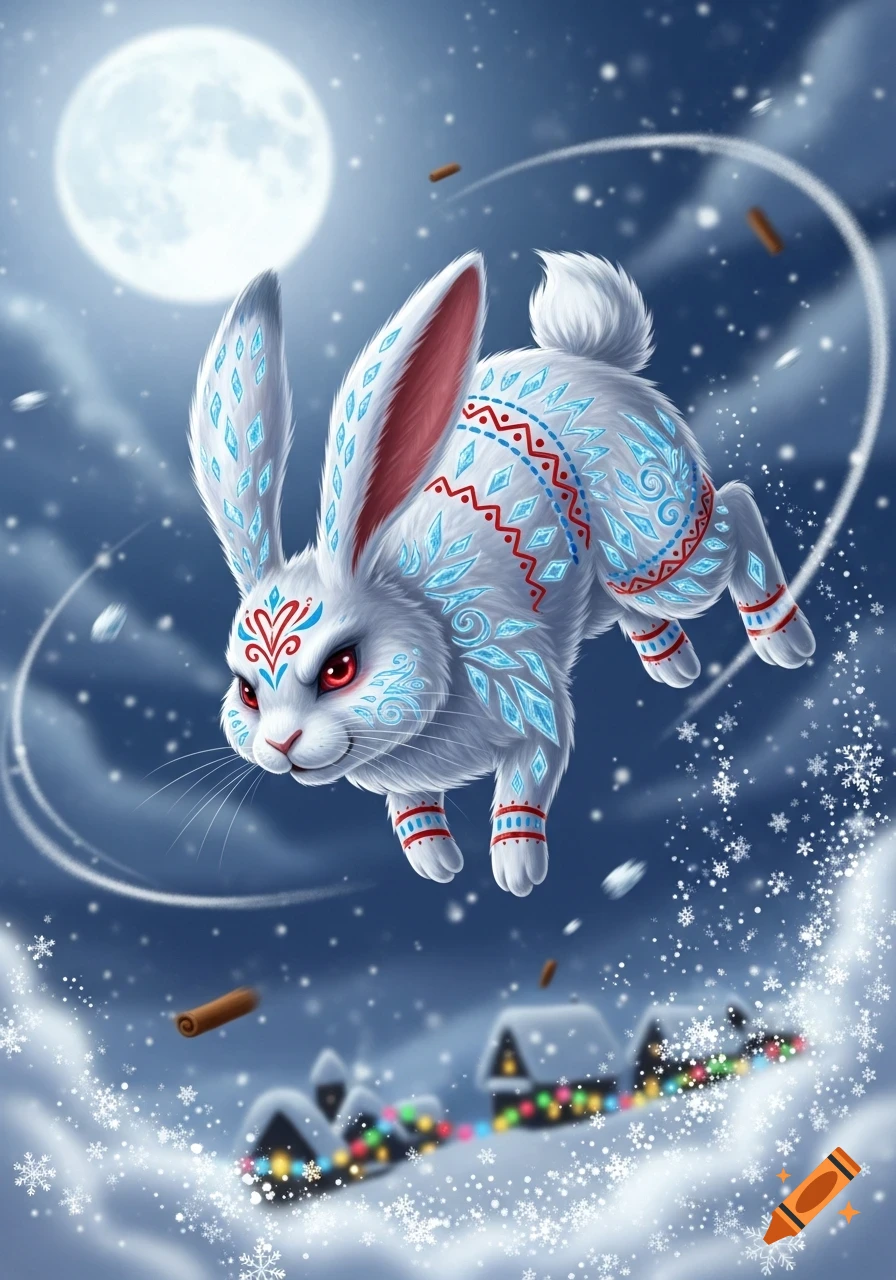 A magical white rabbit with red eyes and festive patterns flies over a ...