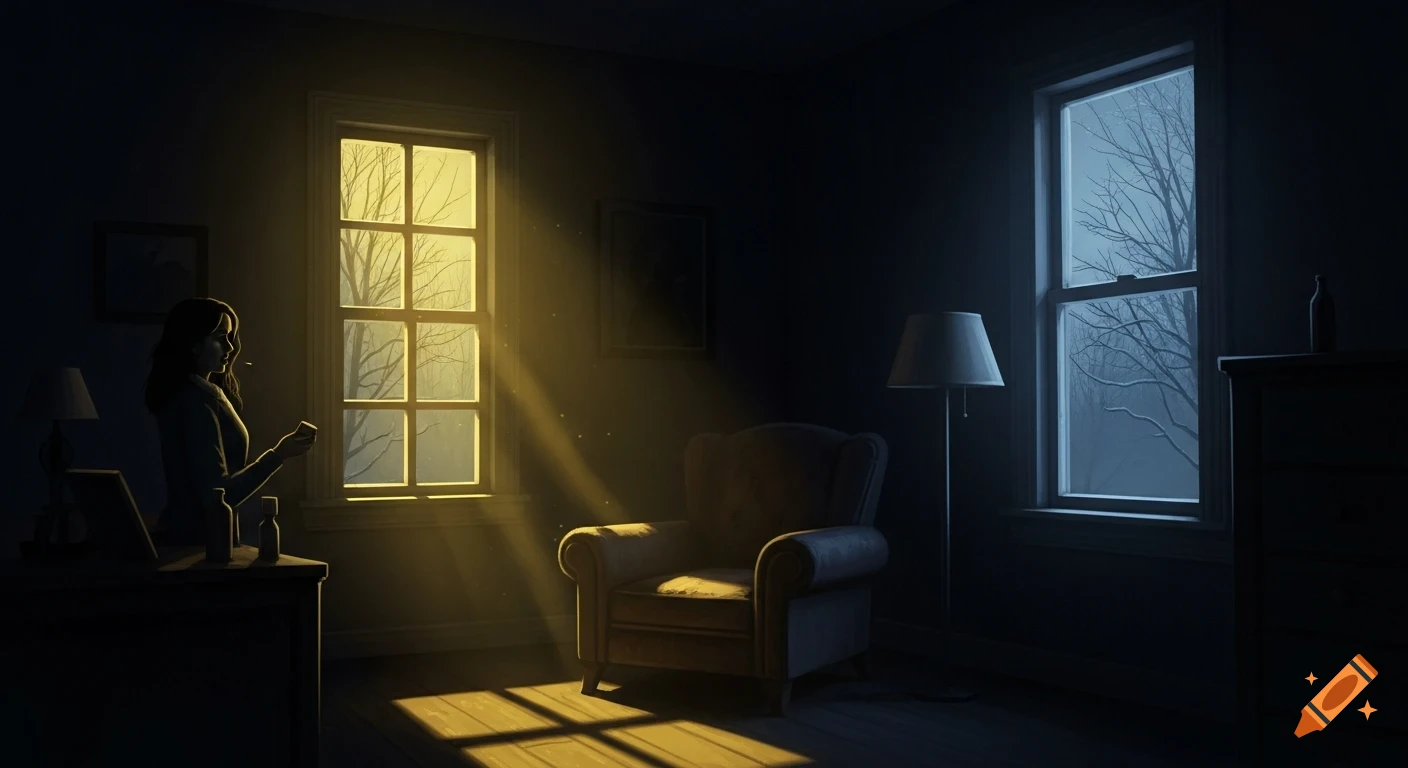 A woman in silhouette stands in a dark, moody room, bathed in warm yellow light from one window, contrasting with a cold blue night outside another.