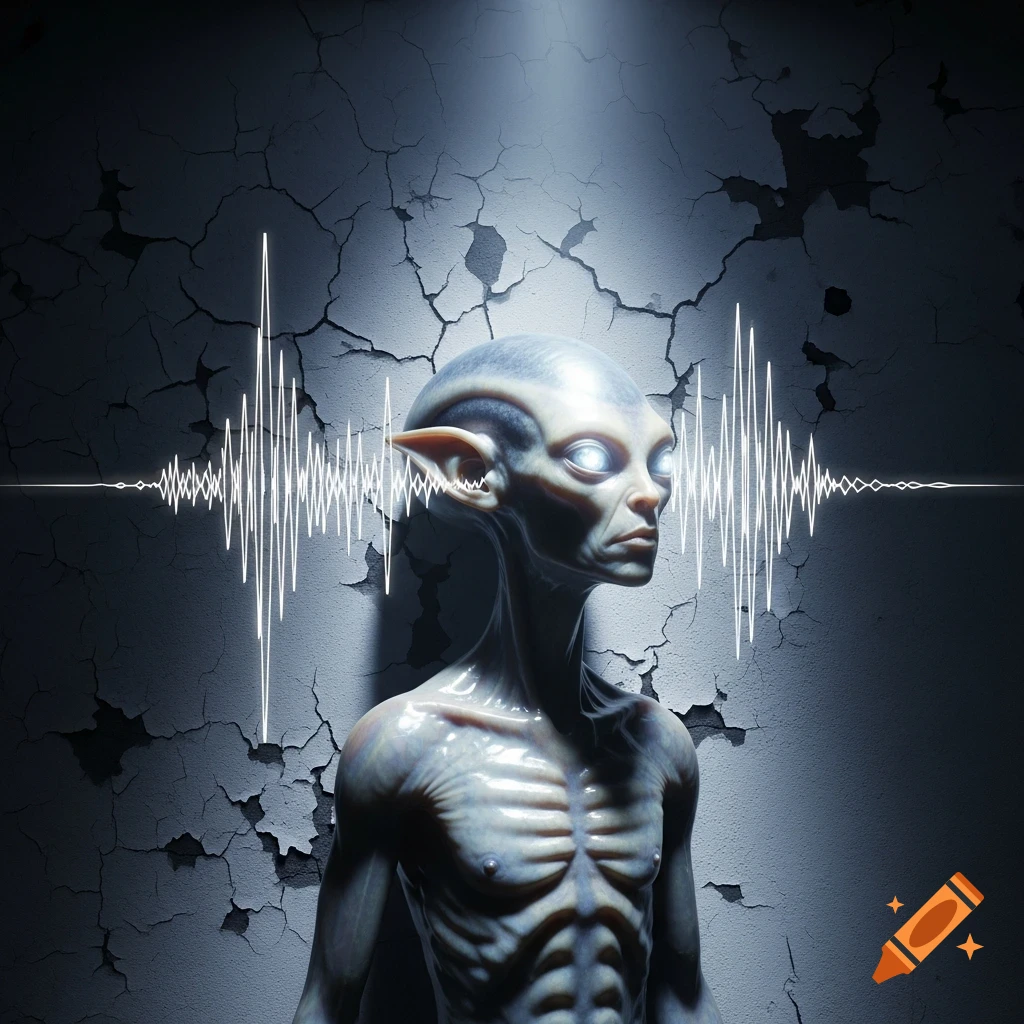 An alien creature with glowing eyes and visible ribs stands against a cracked, dark wall with bright sound waves radiating horizontally from its head.