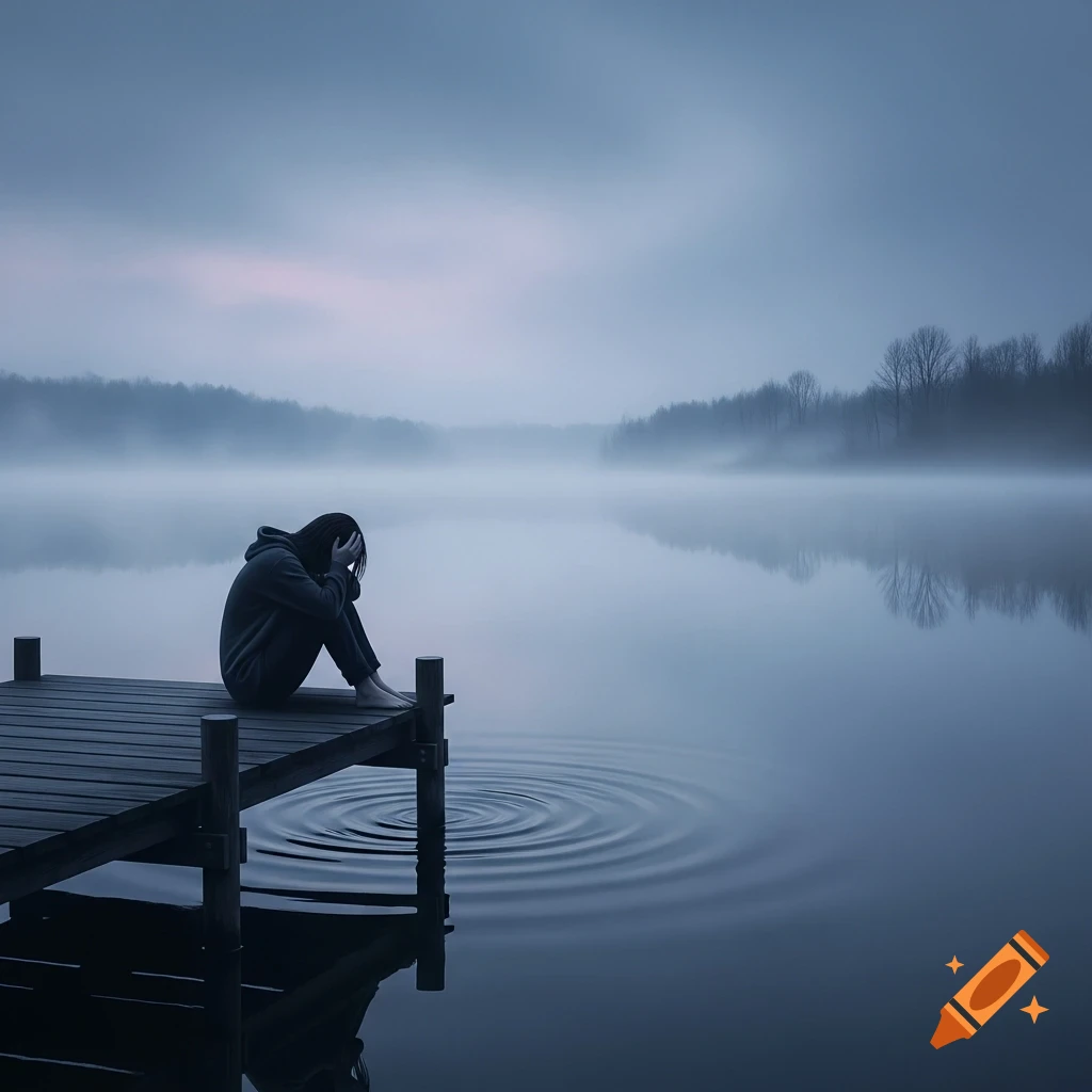 A distressed person sits on a wooden dock with their head in their hands, overlooking a misty, dark lake.