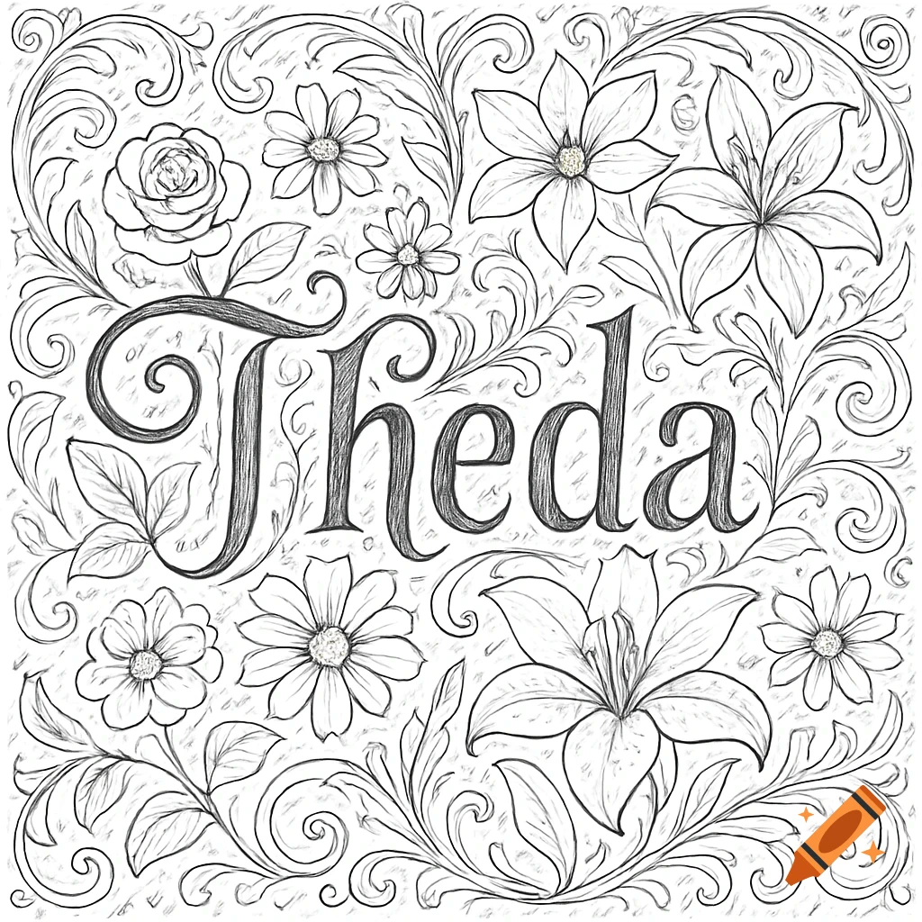 Black and white line art coloring page with the name 'Theda' surrounded by decorative flowers and swirling botanical flourishes.