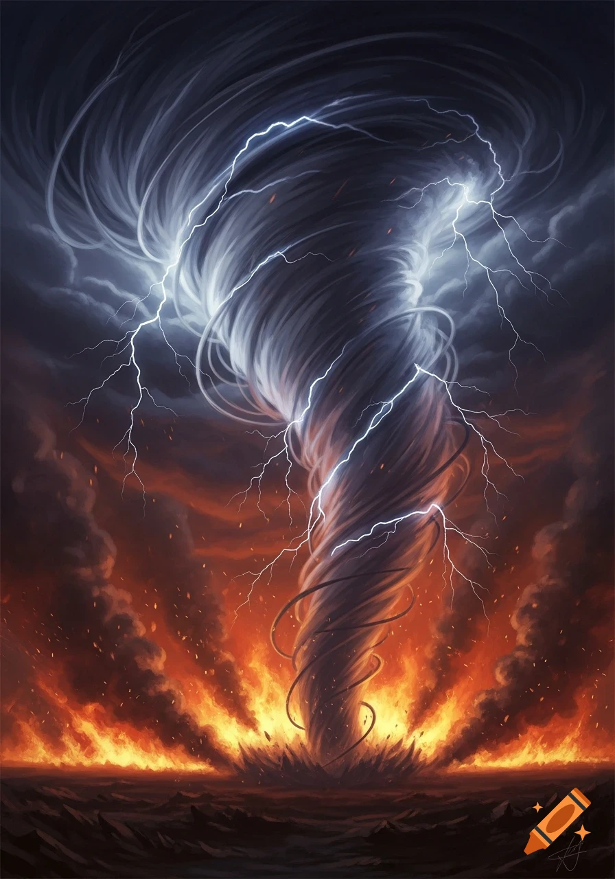 A dramatic illustration depicts a powerful dark tornado with lightning, emerging from a landscape consumed by intense orange and red flames.