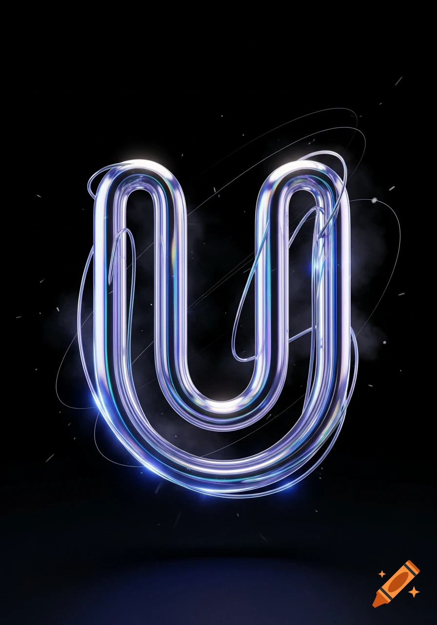 A glowing, futuristic chrome letter U with electric blue accents and swirling light trails on a black background.