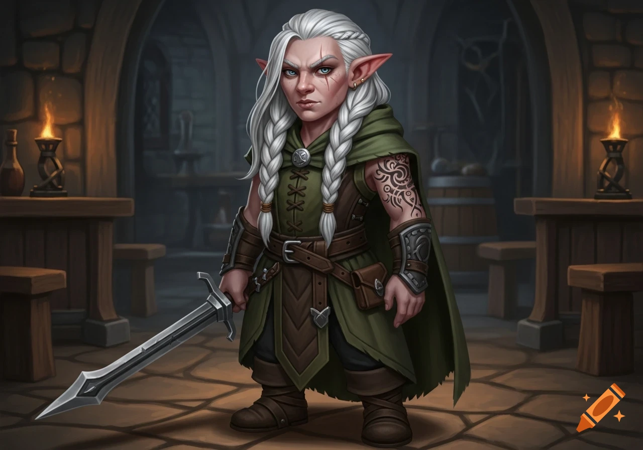 A fierce female dwarf warrior with silver braided hair, scars, and arm tattoos, holding a sword in a dimly lit stone tavern.
