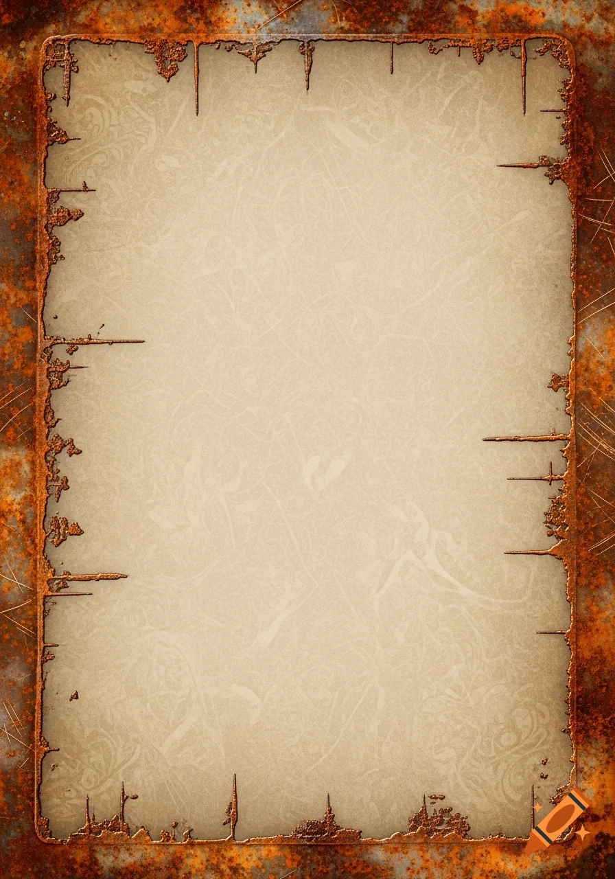 Beige textured background with an irregular, dark orange rusty border and metallic accents.