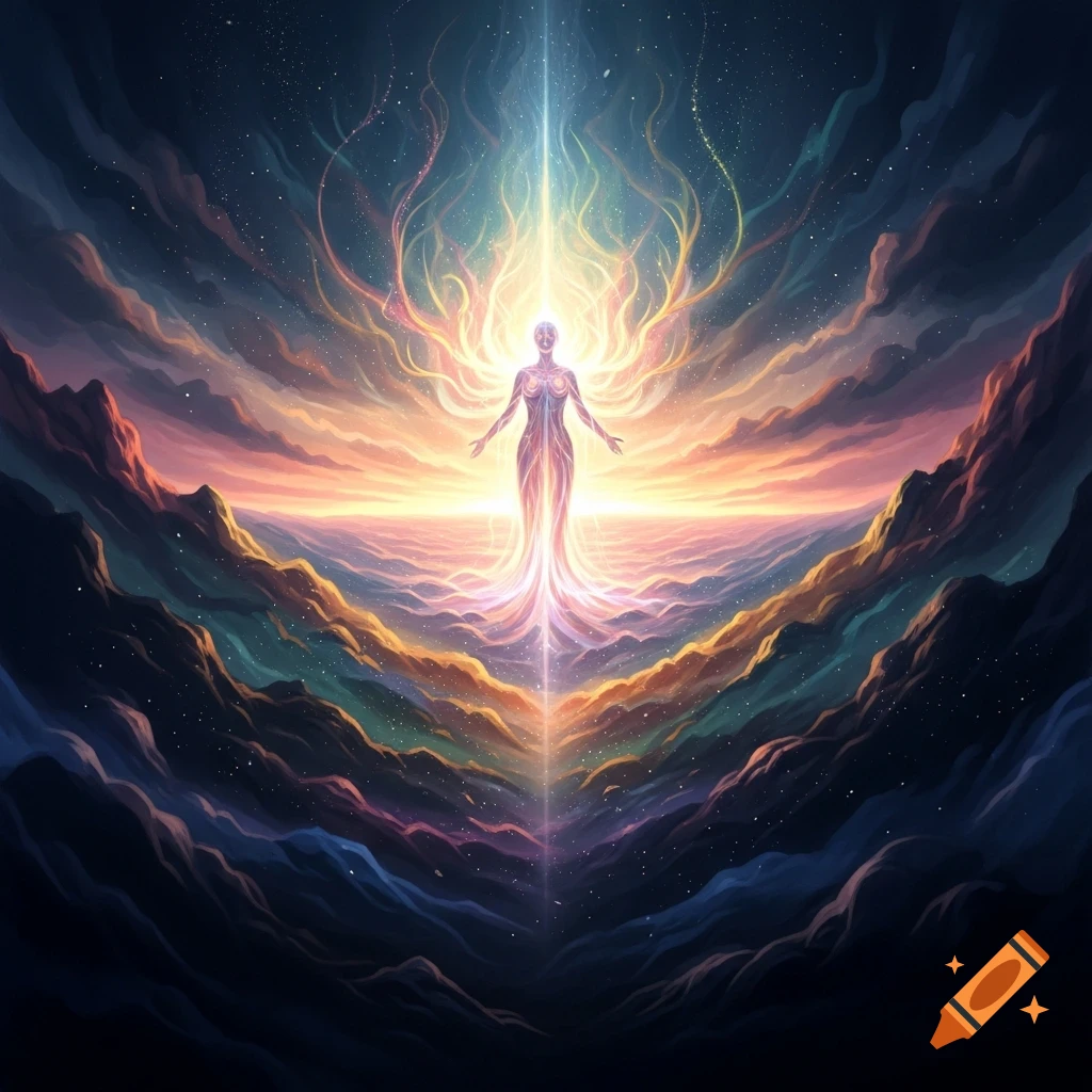 A luminous, ethereal figure stands in a cosmic landscape with swirling colorful clouds and starlight, bathed in radiant light.