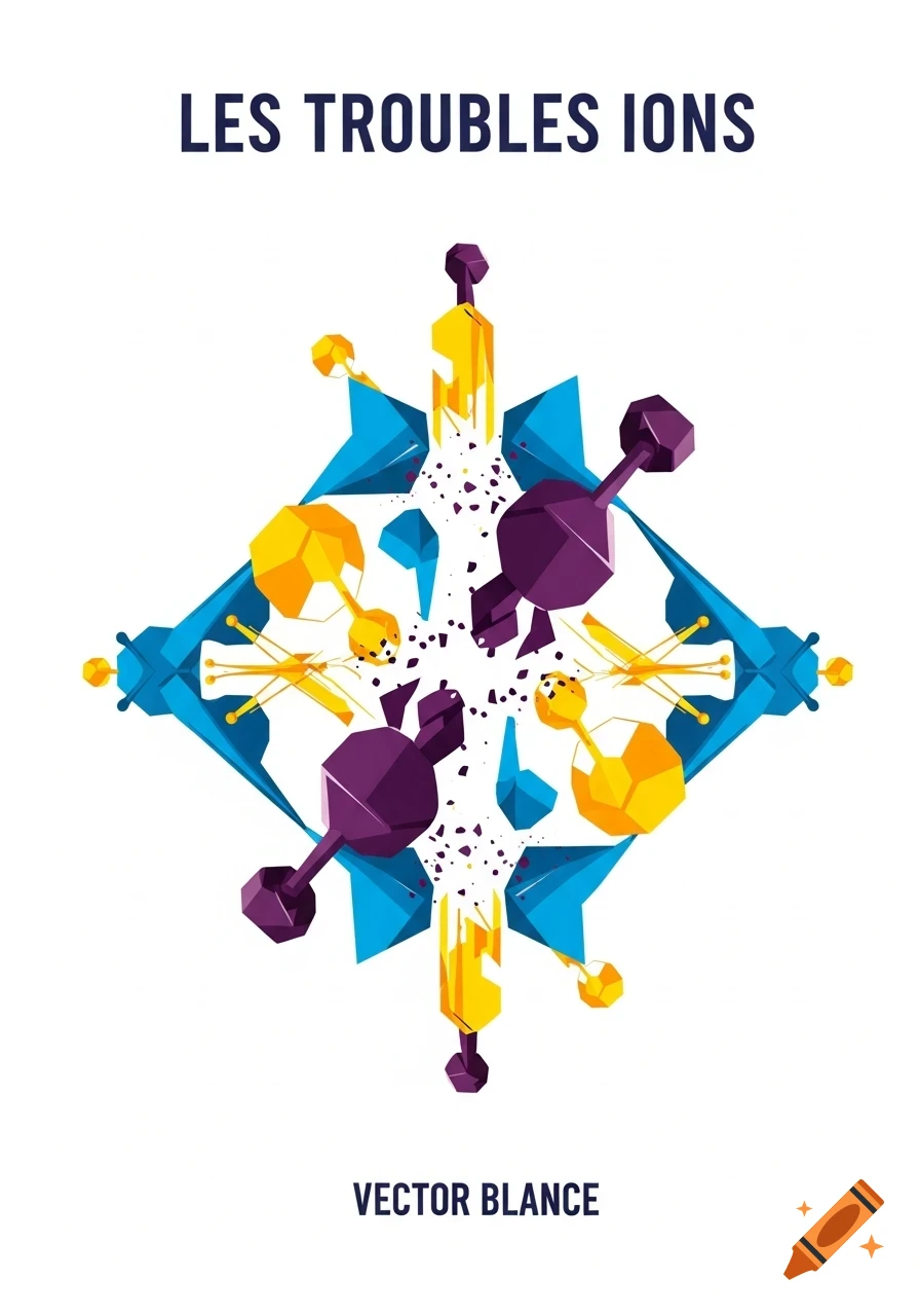 An abstract vector illustration with purple, yellow, and blue geometric shapes resembling a fragmented star or molecular structure, with text above and below.