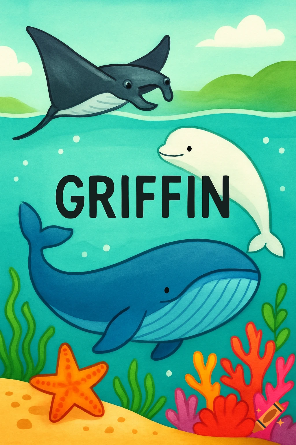 Cartoon ocean scene with a manta ray, beluga whale, blue whale, starfish, coral, and the name 'GRIFFIN'.