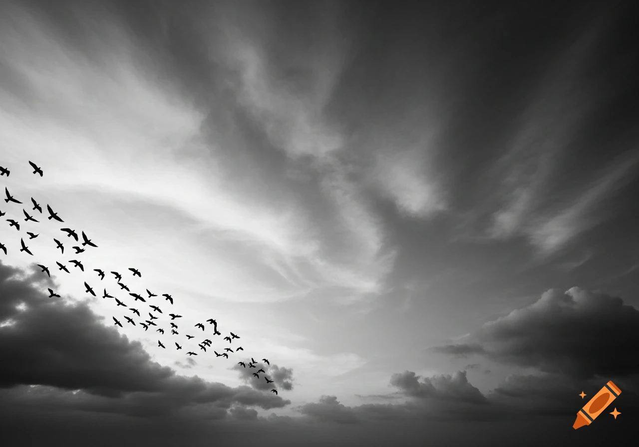 A flock of birds silhouetted against a dramatic, cloudy sky, rendered in black and white.