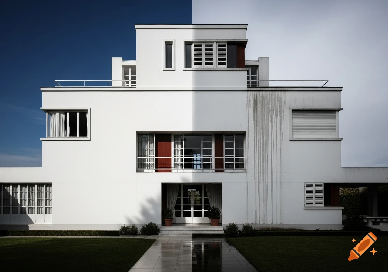 Front view of a white, modernist building split vertically: one side is pristine white under a blue sky, the other has rain streaks under a gray sky.