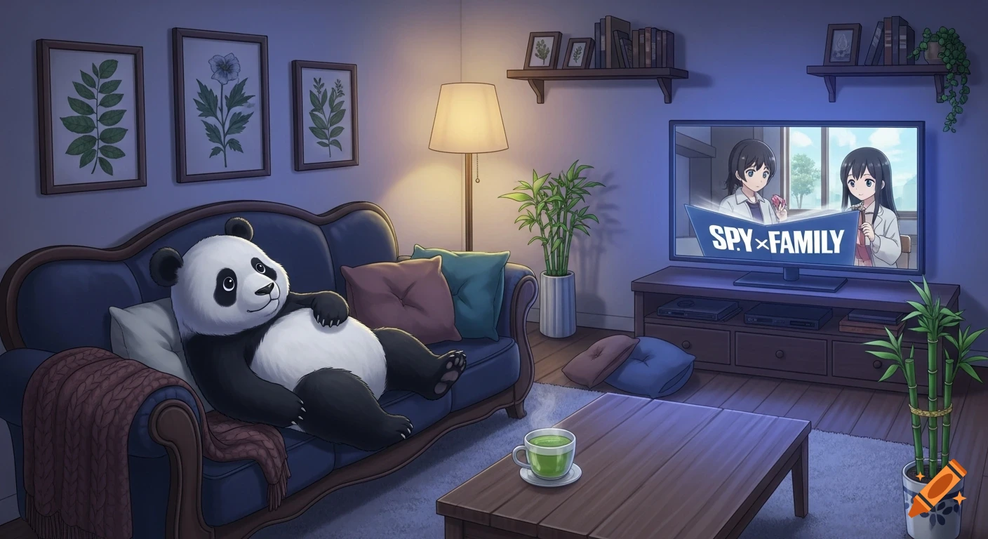 A cute panda reclines on a blue couch, watching 'SPY X FAMILY' anime on a TV in a cozy living room.
