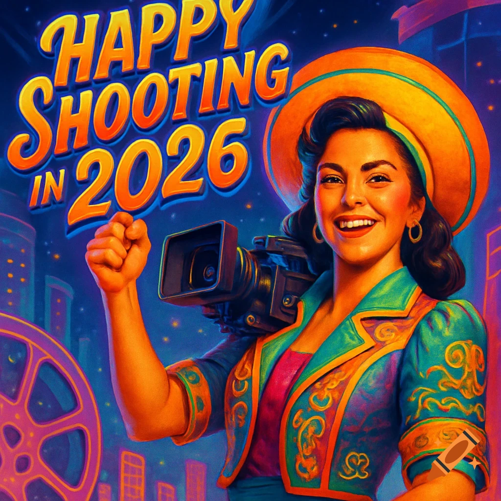 A vibrant illustration of a smiling woman in a retro outfit and hat, holding a cinema camera, with text 'HAPPY SHOOTING IN 2026'.