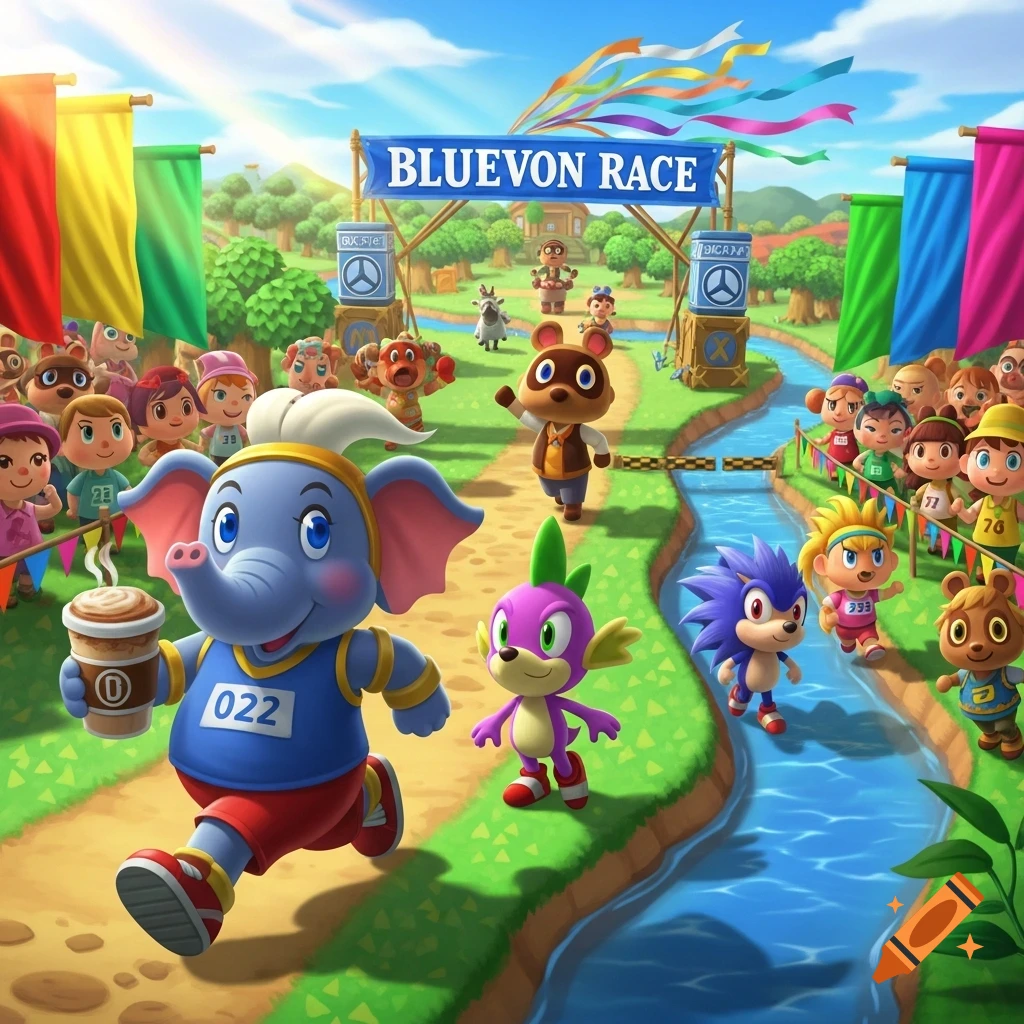 A cartoon race with an elephant holding coffee, a purple creature, and Sonic the Hedgehog. A banner overhead reads "BLUEVON RACE".