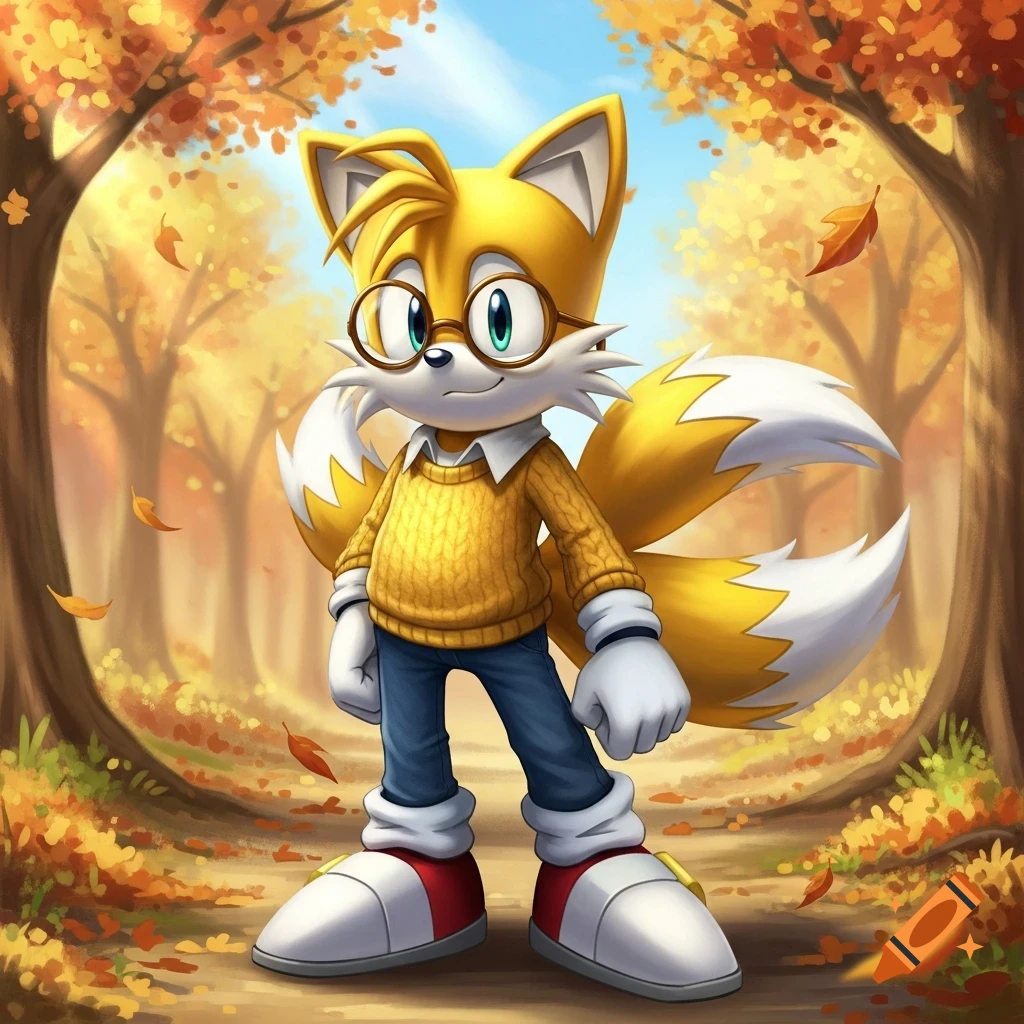 Tails the fox in glasses, a yellow sweater, and jeans on an autumn path with falling leaves, illustrated.